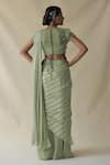 Shop_Merge Design_Green Crepe Striped Sequin Blossom Line Pattern Pre-draped Saree And Blouse Set_at_Aza_Fashions