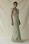 Merge Design_Green Crepe Striped Sequin Blossom Line Pattern Pre-draped Saree And Blouse Set_Online_at_Aza_Fashions
