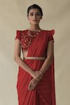 Merge Design_Red Crepe Striped Flora Sequin Round Bar Pattern Pre-draped Saree And Blouse Set _Online_at_Aza_Fashions