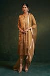 Buy_Charkhee_Gold Kurta Silk Tissue Embroidery Dori Notched Yoke Set _at_Aza_Fashions