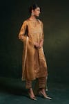 Charkhee_Gold Kurta Silk Tissue Embroidery Dori Notched Yoke Set _Online_at_Aza_Fashions