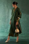 Buy_Charkhee_Green Kurta And Dupatta Chanderi Woven Stripe Pattern V Collar Palazzo Set _Online_at_Aza_Fashions