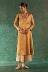 Charkhee_Gold Kurta And Palazzo Silk Tissue Woven & Embroidered Stripe Pattern Sleeve Set _at_Aza_Fashions