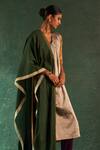 Charkhee_Gold Kurta Silk Tissue Embroidered Dori Work V Neck Color Block Set _Online_at_Aza_Fashions