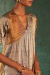 Buy_Charkhee_Gold Kurta Silk Tissue Embroidered Dori Work V Neck Color Block Set _Online_at_Aza_Fashions