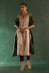 Shop_Charkhee_Gold Kurta Silk Tissue Embroidered Dori Work V Neck Color Block Set _Online_at_Aza_Fashions