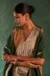 Charkhee_Gold Kurta Silk Tissue Embroidered Dori Work V Neck Color Block Set _at_Aza_Fashions