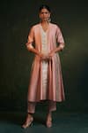 Charkhee_Pink Chanderi, , Satin Gota Patti Crinkled Paneled Anarkali Set _at_Aza_Fashions
