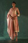 Buy_Charkhee_Pink Silk, Cotton Satin, Chanderi Gota Patti V-neck Paneled Straight Kurta Set _at_Aza_Fashions