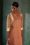 Shop_Charkhee_Pink Silk, Cotton Satin, Chanderi Gota Patti V-neck Paneled Straight Kurta Set _Online_at_Aza_Fashions