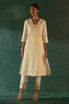 Charkhee_Off White Kurta Silk Tissue Embellished Gota Striped Pattern Straight Pant Set _at_Aza_Fashions