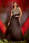 Buy_Shreeka_Black Double Georgette Embroidered Floral V-neck Sequin Crop Top With Skirt _at_Aza_Fashions