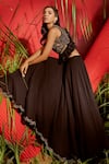 Shop_Shreeka_Black Double Georgette Embroidered Floral V-neck Sequin Crop Top With Skirt _Online_at_Aza_Fashions