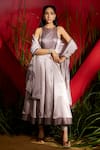 Buy_Shreeka_Grey Crinkled Satin Halter Pintucked Anarkali Churidar Set _at_Aza_Fashions