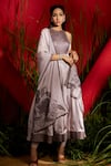 Shreeka_Grey Crinkled Satin Halter Pintucked Anarkali Churidar Set _Online_at_Aza_Fashions