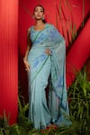 Buy_Shreeka_Blue Silk Satin Embroidered Cutdana Scoop Saree With Blouse _at_Aza_Fashions