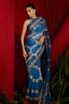 Buy_Shreeka_Blue Organza Silk Embroidered Halter Screen Print Saree With Blouse _at_Aza_Fashions