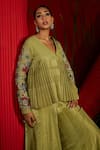 Shop_Shreeka_Green Georgette, Handloom Cotton, Silk Embroidered Pleated Jacket Sharara Set _Online_at_Aza_Fashions