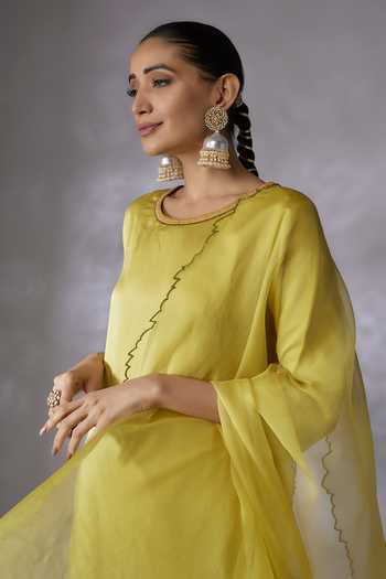 Buy_Shreeka_Green Organza, Satin, Rafflesia Bloom Embroidered Kurta Pant Set _Online_at_Aza_Fashions