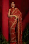 Buy_Shreeka_Brown Georgette Embroidered Halter Hand Screen Print Saree With Blouse _at_Aza_Fashions