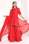 Komal Shah_Red Kurta And Palazzo Chanderi Hand Embroidery Floral Round Neck Set _Online_at_Aza_Fashions