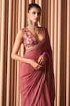 Rishi & Vibhuti_Pink Chiffon Embroidered Sequin V Neck Clarie Saree With Blouse_Online_at_Aza_Fashions