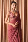 Rishi and Vibhuti_Pink Chiffon Embroidered Sequin V Neck Clarie Saree With Blouse _Online_at_Aza_Fashions