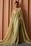 Buy_Rishi and Vibhuti_Green Chiffon Embroidery Sequin Blouse Plunging V Blossom Work Cape Saree Set _at_Aza_Fashions