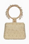 Shop_Lovetobag_Gold Embellished Joel Mini Trapezium Clutch With Bangle Handle_at_Aza_Fashions