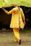 Shop_Nimbu Mirchi_Yellow Pure Chanderi Embroidery Mukaish Bloom Kurta Dhoti Pant Set _at_Aza_Fashions