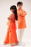 LIL DRAMA_Orange Cotton Satin Foil Printed Spade Mehfil Ghagra Set _at_Aza_Fashions