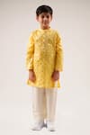 Buy_LIL DRAMA_Yellow Cotton Satin Foil Printed Spade Mehfil Kurta Set _at_Aza_Fashions