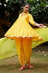 Buy_Nimbu Mirchi_Yellow Pure Chanderi Embroidery Mukaish Bloom Kurta Dhoti Pant Set _at_Aza_Fashions