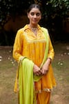 Nimbu Mirchi_Yellow Pure Chanderi Embroidery Mukaish Bloom Kurta Dhoti Pant Set _at_Aza_Fashions