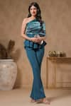 B'Infinite_Blue Organza Embellished One Shoulder Lagoon Neck Peplum Top And Trouser Set _Online_at_Aza_Fashions