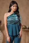 Buy_B'Infinite_Blue Organza Embellished One Shoulder Lagoon Neck Peplum Top And Trouser Set _Online_at_Aza_Fashions