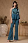 B'Infinite_Blue Organza Embellished One Shoulder Lagoon Neck Peplum Top And Trouser Set _at_Aza_Fashions