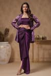 B'Infinite_Purple Organza Solid Blazer Shawl Lapel Royal Amethyst Skirt Set _Online_at_Aza_Fashions