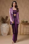 B'Infinite_Purple Organza Solid Blazer Shawl Lapel Royal Amethyst Skirt Set _at_Aza_Fashions