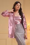 Shop_B'Infinite_Pink Shiny Lycra Solid Radiance Blush Blazer With Bralette_Online_at_Aza_Fashions