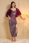 B'Infinite_Purple Shimmery Lycra Solid V Neck Luxe Top And Skirt Set _Online_at_Aza_Fashions