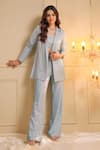 Buy_B'Infinite_Silver Shimmery Lycra Solid Blazer Lapel Collar Sapphire Sheen Trouser Set _at_Aza_Fashions