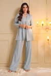 Buy_B'Infinite_Silver Shimmery Lycra Solid Blazer Lapel Collar Sapphire Sheen Trouser Set _Online_at_Aza_Fashions