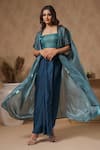 Buy_B'Infinite_Blue Organza Embellished Square Neck Lagoon Placket Cape Skirt Set _at_Aza_Fashions