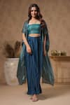 B'Infinite_Blue Organza Embellished Square Neck Lagoon Placket Cape Skirt Set _Online_at_Aza_Fashions