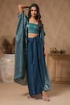 Shop_B'Infinite_Blue Organza Embellished Square Neck Lagoon Placket Cape Skirt Set 