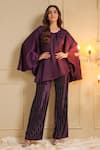 Buy_B'Infinite_Purple Satin Striped Round Royal Amethyst Flared Sleeve Top And Trouser Set _at_Aza_Fashions