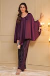 B'Infinite_Purple Satin Striped Round Royal Amethyst Flared Sleeve Top And Trouser Set _Online_at_Aza_Fashions