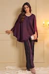 Buy_B'Infinite_Purple Satin Striped Round Royal Amethyst Flared Sleeve Top And Trouser Set _Online_at_Aza_Fashions