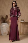 Buy_B'Infinite_Wine Cape Organza Embellished Sequins Gown V Neck Rasin With _at_Aza_Fashions